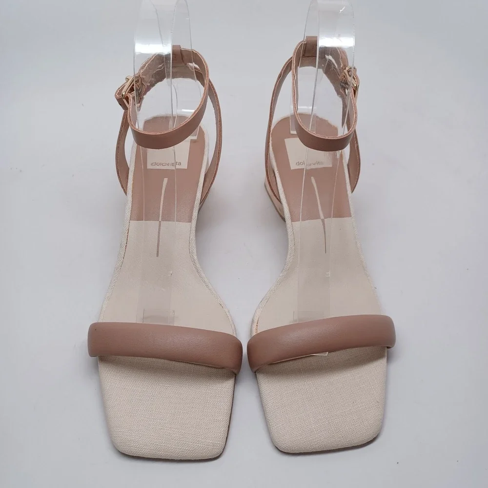 Dolce Vita Tan Wood‎ Block Heel Sandals Square Toe Ankle Strap Womens Size 8
